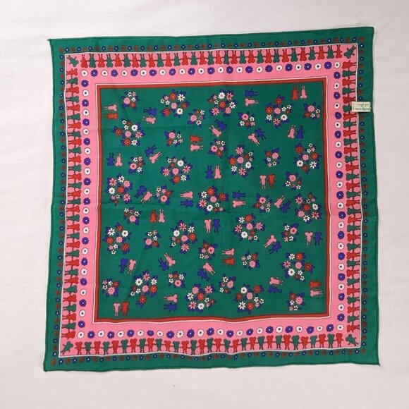 VTG Green Pink Blue Small Mouse Floral Square Scarf - Picture 4 of 7